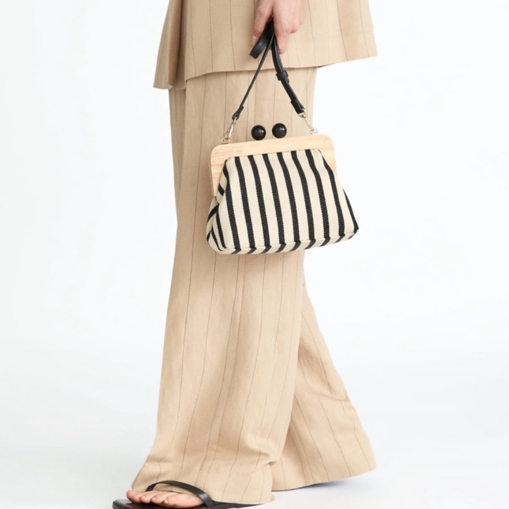 Zara Crossbody linen wood bag Strip Black White
